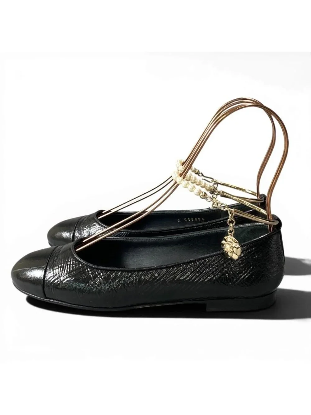 Chanel Ballerina Pearl Anklet CC Logo Flat Pumps 36 Black